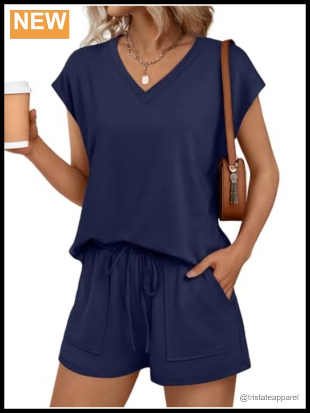 2 Piece V Neck Cap Sleeve Short Set Drawstring Lounge Pajama Set